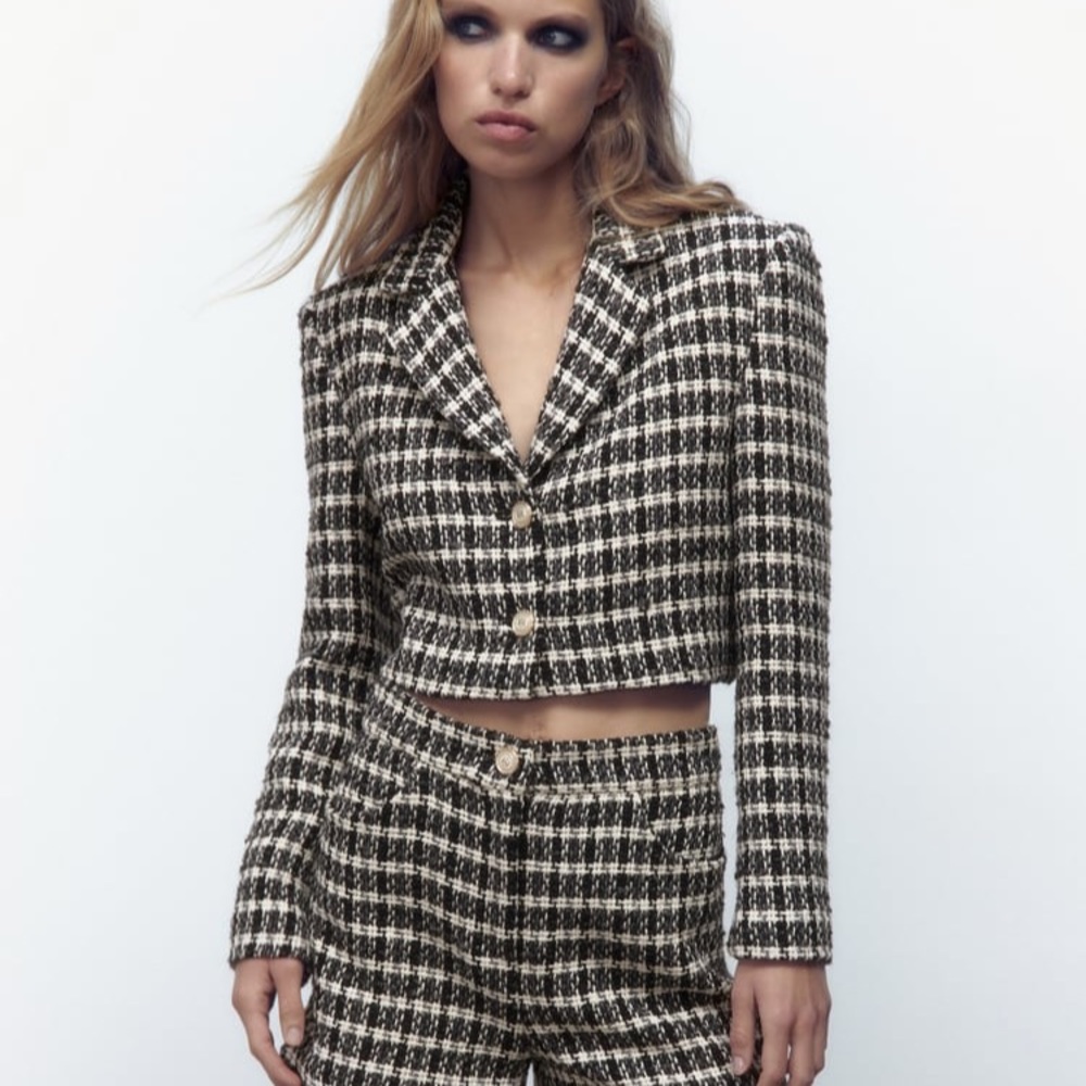 Zara cropped jacket, ecru and black size XL, tweedy style